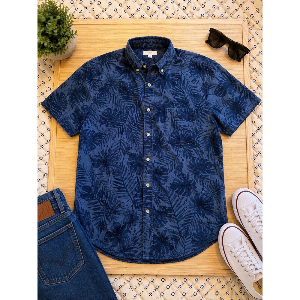 GAP Men’s Medium Blue Tropical Leaf Linen Cotton Button Up Shirt Short Sleeve